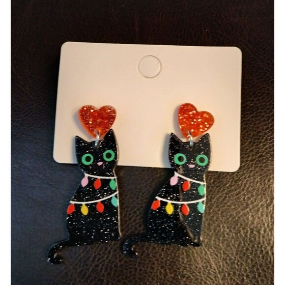 Red Heart Glitter Black CAT with Christmas Lights Wrapped Around - Picture 4 of 5